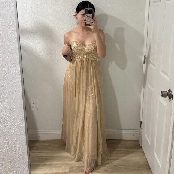 La Femme Gold Dress Flare Sequence Bling Prom Wedding Size 6 Fancy Luxury Pretty - Picture 10 of 15